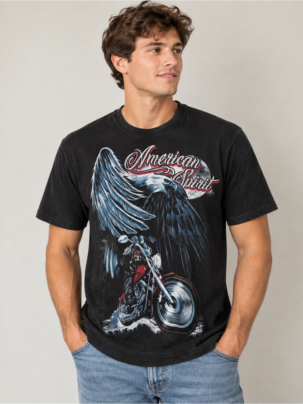 ✴️New✴️Black Graphic Tee - Eagle & Motorcycle (Large)